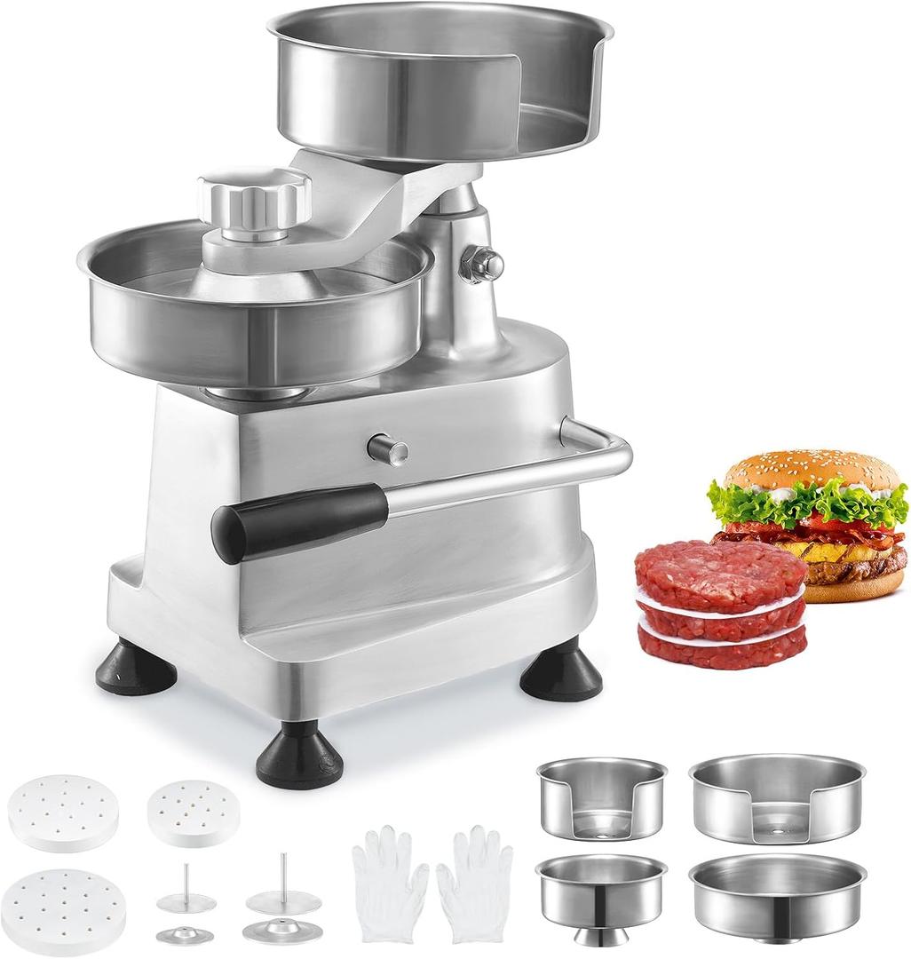 VEVOR Commercial Burger Patty Maker, Hamburger Beef Patty Maker with 3 Convertible Mold(4/5/6-inch), Heavy Duty Stainless Steel Burger Press Machine, Meat Forming Processor with 1500 Pcs Patty Papers