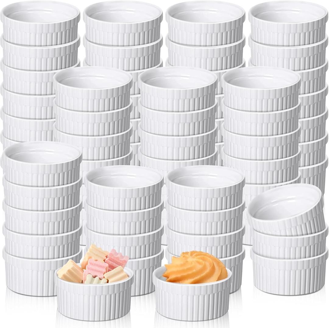 Ziliny 72 Pcs Mini Ramekins 2 oz Porcelain Souffle Oven Dishwasher Safe Small Ceramic Baking Dipping Sauce Ramekins for Charcuterie Board Creme Brulee Dishes Condiment Sauce Dipping Cups