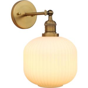 Pathson Modern Wall Sconce Lamp Milk White Round Glass, Hardwired Frosted Vintage Wall Vanity Light Fixture for Farmhouse Living Room Bedroom Bathroom Loft (Brass)