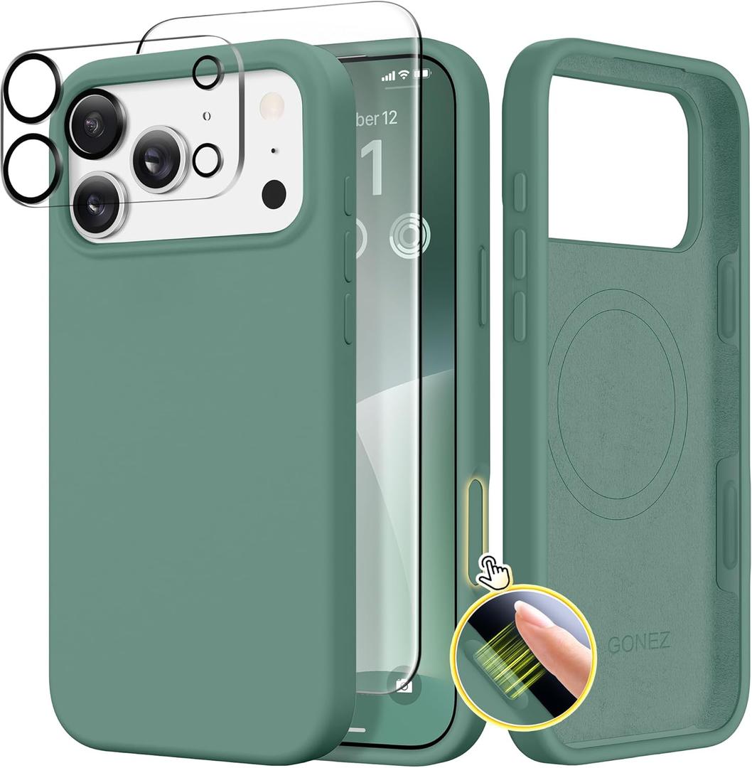 GONEZ Magnetic for iPhone 17 Pro Case, Compatible with MagSafe, [Screen Protector + Camera Lens Protector], Liquid Silicone Anti-Scratch Shockproof Protective Phone Case 6.3 inch, Midnight Green