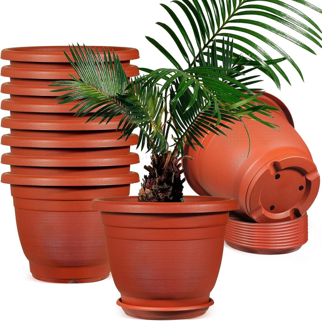 10 Pack 12 Inch Plastic Flower Pots Planters for Indoor Plants, Plant Pots with Drainage Hole and Tray Large Plant Pot with Saucer for Garden Outdoor Indoor (10, 12 Inch)