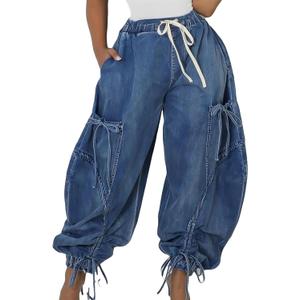 Cargo Jeans for Women High Waisted Drawstring Baggy Jogger Pants Loose Fit Denim Pant Sweatpants (X-Large, 1-blue)