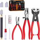 Glass Cutting Tool Set Kit, Wheeled Glass Tile Nippers Glass Running Pliers Breaking Pliers Oil Feed Glass Cutter Set with Leather Zipper Bag for Stained Glass, Tiles, Mosaic, Mirrors,Bottle, Fusing