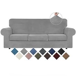 WEERRW 4 Pieces Velvet High Stretch Couch Covers for 3 Cushion Couch Sofa Slipcovers, Washable Furniture Protector with Non Slip Elastic Bottom, Feature Soft and Thick Plush Fabric, Silver Grey, Large