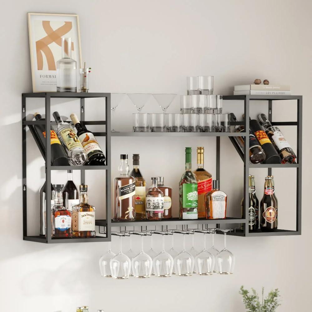 Black Bar Shelf with Integrated Glass Rack for Liquor Display, 47.3"L x 10"W x 23.6" H
