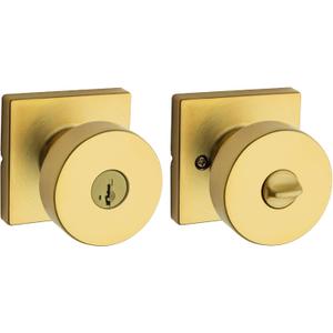 Kwikset Pismo Entry Door Knob with Lock and Key, Secure Keyed Handle Exterior Doorknob, Front Entrance and Bedroom, Satin Brass, Square, Pick Resistant SmartKey Rekey Security, Microban Protection