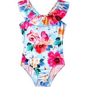Snowheart Girls Swimsuit One Piece Bathing Suit Kids Quick Dry Shoudler Ruffle Floral Swimwear for 3-12 Years Old (4-5T, Multicolor White)