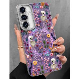 Toycamp for Samsung Galaxy S25/S24 Case - Compatible with Magsafe Aesthetic Cute Holographic Galaxy S25 Case with Diamond Bling Lens Protector for Samsung S24 Cover for Women Girls, Skull Flower