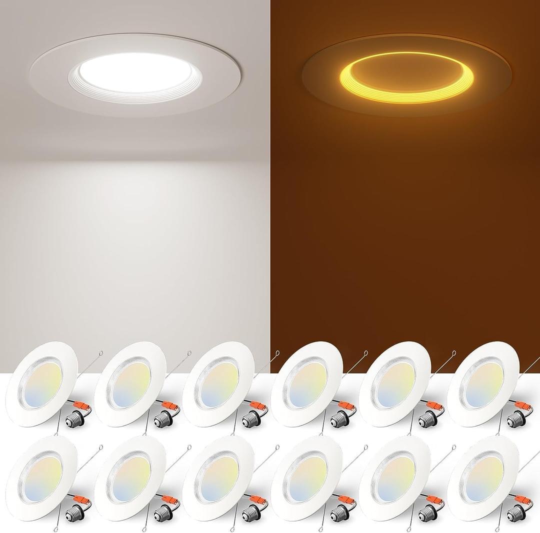 Amico 12 Pack 6 inch 5CCT LED Recessed Lighting with Night Light, 12.5W=100W, 1000LM Can Lights with Baffle Trim, Dimmable, Retrofit Downlight, 2700K/3000K/3500K/4000K/5000K Selectable - ETL & FCC
