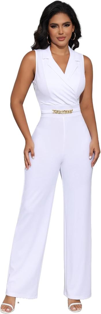 Women's Strapless Tube Top Rompers Casual Off Shoulder Solid Color Belted Wide Leg Jumpsuit with Pockets (White) Large