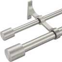 Brushed Nickel Double Curtain Rods 28-48", Decorative Double Window Curtain Rod with Cap Finials, 1 Inch Front and 5/8 Inch Back Heavy Duty Double Window Rods, Adjustable Dual Drapery Rod
