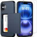 for iPhone 16 Wallet Case with Card Holder + 2 Tempered Glass Screen Protector Protective Dual Layer Shockproof Hidden Card Slot Slim Case Women Men iPhone 16 6.1 inch 2024 (Blue)