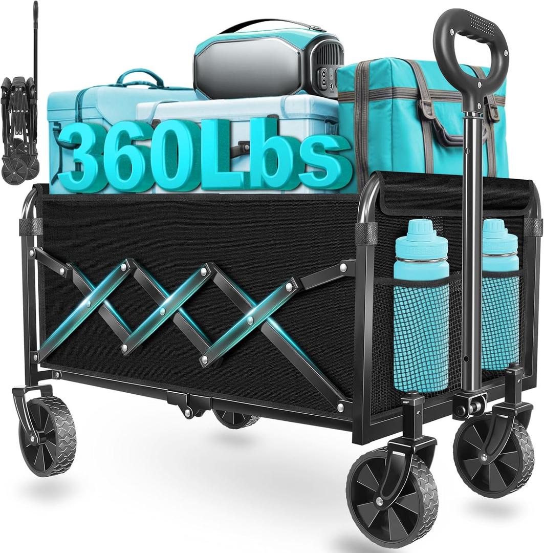 Wagons Carts Foldable, Collapsible Wagon with Wheels — Foldable Wagon for Groceries,Picnic,Beach,Camping, Small Hauls, Apartment Moving Storage, Portable Utility Folding Wagon Cart, 360lbs, Black