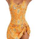 Eomenie One Piece Swimdress Swimsuits for Women Tummy Control Swim Dresses Skirt Bathing Suit (X-Large, Orange, Blue, Printed)