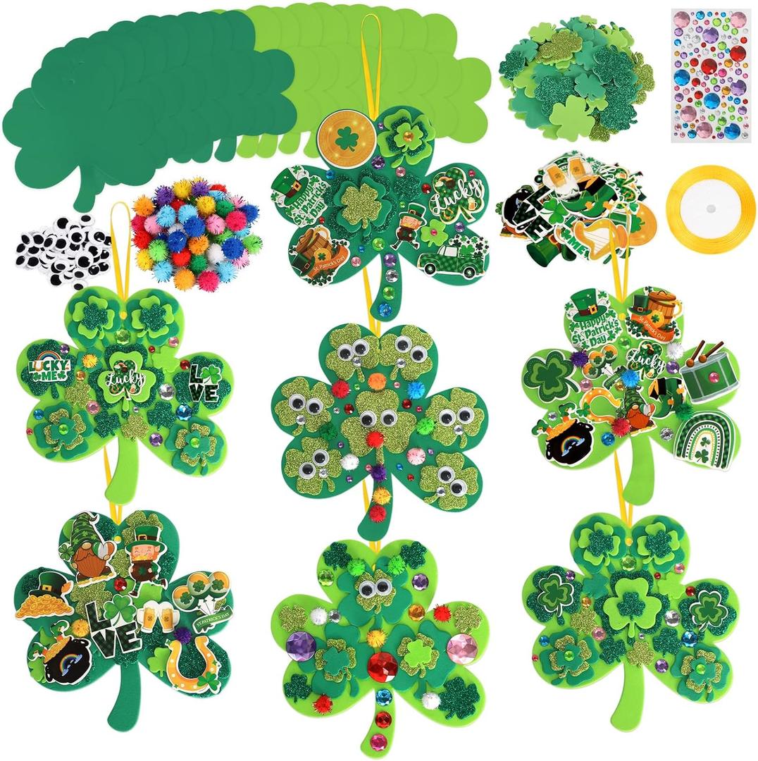 Openfly 24 Sets St. Patrick's Day Shamrock Ornaments DIY St. Patrick's Day Foam Craft Kit Irish Clover Shamrock Foam Stickers Self-Adhesive Craft Stickers for St. Patrick's Day DIY Crafts Party Decor