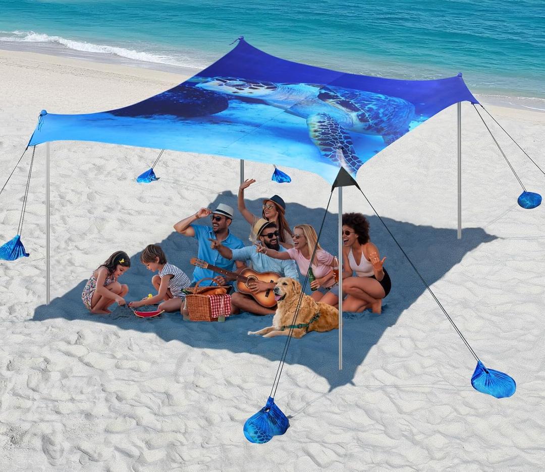 Rhino Valley Beach Tent Shade Canopy UPF50+ Protection, 8 Sandbags, 4 Stability Poles, Outdoor Sun Shelter Umbrella for Sand, Camping, Fishing Essentials (10*10FT NEW, Blue Turtle)