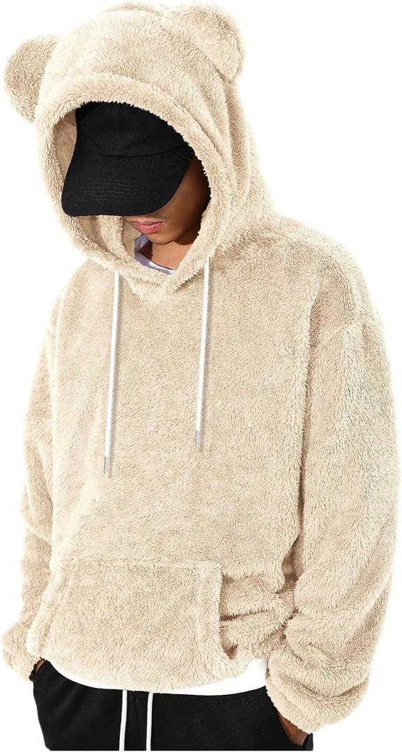 RoseSeek Men's Bear Ear Hoodies Fleece Sweatshirt Fuzzy Pullover Tops (Beige)