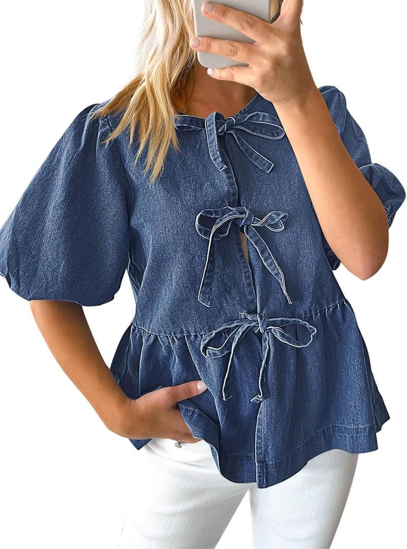 Tankaneo Womens Denim Tie Front Tops Babydoll Peplum Puff Sleeve Jean Shirts Crew Neck Summer Casual Bow Blouses (XX-Large, Blue)