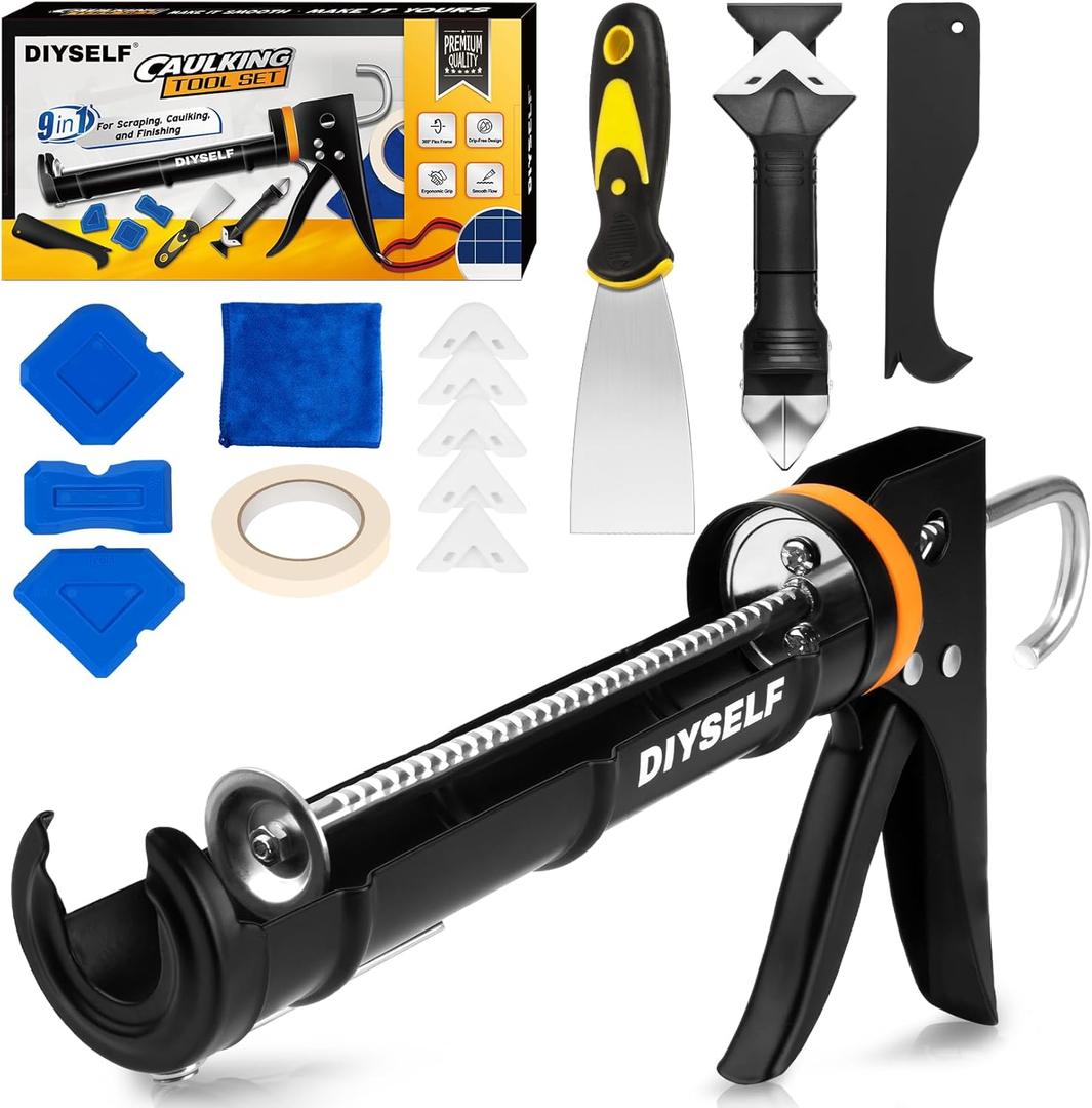 DIYSELF Caulk Gun Kit 9 Pack Professional Caulking Gun Caulk Remover Tool Kit Silicone Gun Sealant Finishing Tool Grout Scraper Hand Caulking Gun for Bathroom Kitchen Window Sink Tile Sealing