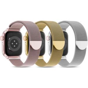 3 Pack Metal Mesh Loop Compatible with Apple Watch Band 38mm 40mm 41mm 42mm 44mm 45mm 46mm 49mm Women Men, Stainless Steel Magnetic Clasp Strap for iWatch Series 11 10 9 8 SE 7 6 5 4 3 2 1 Ultra