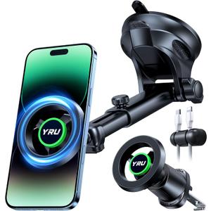 YRU [2025 Military-Grade] for Magsafe Car Mount [90+LBS Strong Suction] 360 Adjustable Magnetic Phone Holder for Car Dashboard Windshield Vent, Cradle for iPhone 17 16 15 14 13 12 Samsung, Black