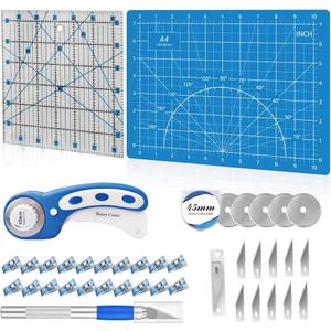 39 Pcs Rotary Cutter Set Blue - Quilting Kit incl. 45mm Fabric Cutter with 5 Extra Blades, A4 Cutting Mat, 2 Craft Knife Set, Quilting Ruler and Sewing Clips, Ideal for Crafting, Sewing, Patchworking