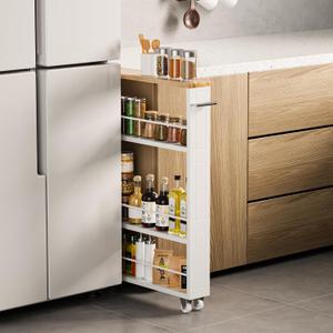 KLM 4 Tier White Slim Storage Cart with Handle, Slide Out Storage Rolling Utility Cart for Kitchen, Laundry, Narrow Places,  23.62"D x 3.93"W x 34"H