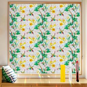COUNTEWOL Colorful Bird and Floral Window Privacy Film Stained Glass Window Film Rainbow Window clings Non-Adhesive Reusable Decorative for Room (Hummingbird Bloom, 45.2 x78.7 in) Pack Of 2