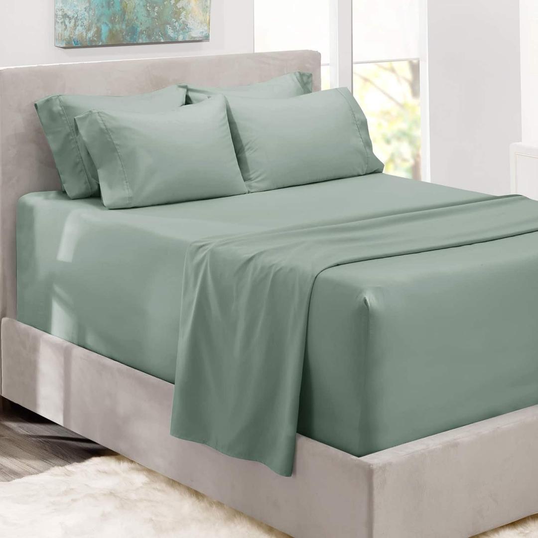 Hearth & Harbor Bed Sheets, Luxury Soft 6 Piece Bed Sheet Set Extra Deep Pocket Fitted Sheets Fits Mattress up to 21", Double Brushed Bedding Sheets & Pillowcases, King, Ice Green