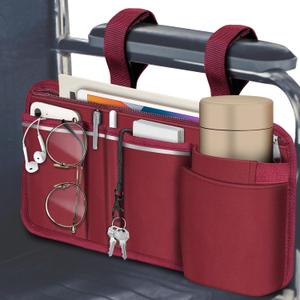 FINPAC Wheelchair Side Storage Bag w/ Cup Holder, Wheelchair Armrest Accessories Pouch with Pen Slot and Reflective Strips for Power Walkers, Rollators, Seniors - Burgundy