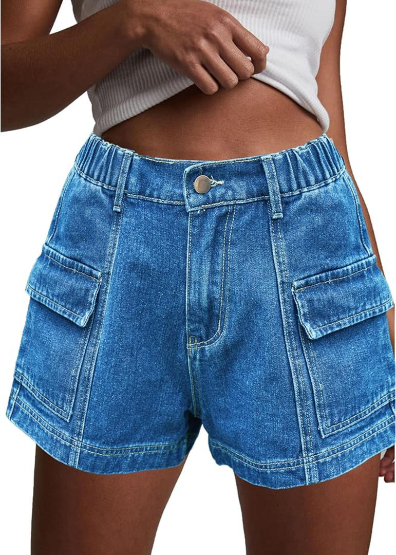 Womens High Waisted Cargo Jean Shorts Y2K Casual Summer Denim Shorts Elastic Waist Pull On Shorts with Pockets Small