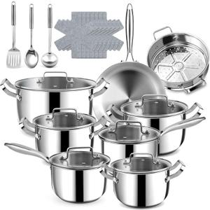 Umite Chef 17Pcs 5 Ply Clad Stainless Steel Cookware Set with Lids, Heavy Duty Pots and Pans Kitchen Set, Induction-Ready, Dual Aluminum Core for Even Heat, Cool Grip Handles, Dishwasher Safe, Large