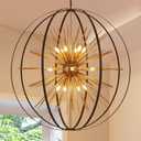43.3" Black Gold 18-Light Globe Sputnik Chandelier Modern Adjustable Hanging Ceiling Firework Pendant Light Fixture for Entryway Foyer Stairway Kitchen Dining Living Room Hallway