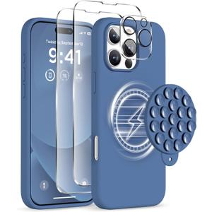 Magnetic for iPhone 16 Pro Case, Compatible with Magsafe, Suction Cup Phone Mount, 2 Screen Protectors - Camera Protector, Silicone Shockproof Protective Phone Cover 6.3", Azure Blue