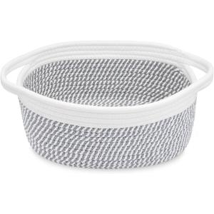 ABenkle Small Basket, 12"x 8" x 5" Cute Small Woven Basket, Rope Room Shelf Storage Basket, Cat Dog Toys Basket Chest Box, Decorative Empty Gift Basket with Handles (Grey Stripe)