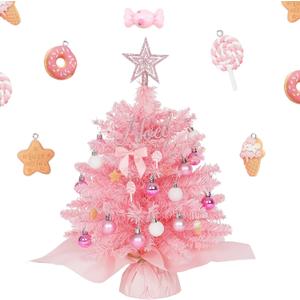 Wangchao Craft 20" Mini Pink Christmas Tree Table Top Artificial Xmas Tree Small Christmas Tree with Lights, Star Treetop and Balls, Tabletop for Girls Rooms