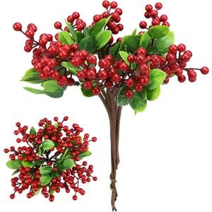 Felice Arts 6 Pack Christmas Picks Artificial Red Berry Stems Fake Holly Berries for Xmas Tree Ornaments DIY Wreath Vase Fireplace Decor