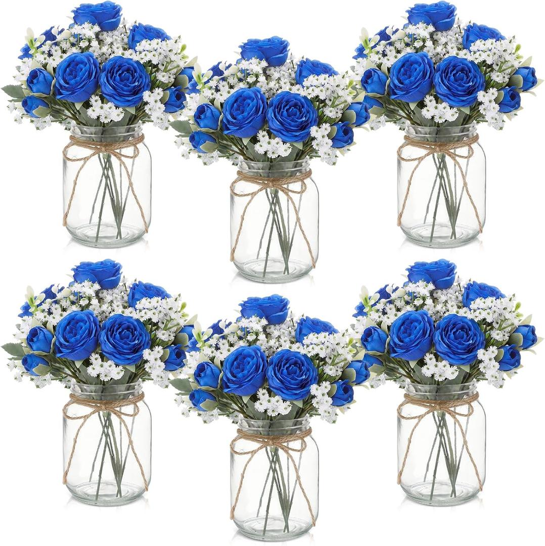 Zeyune 6 Sets Mason Jar Centerpiece Table Decorations, Artificial Peony Baby's Breath Flower Bouquets, Faux Flowers with Vase, Rustic Decor Gifts for Home, Wedding, Holiday (Royal Blue)
