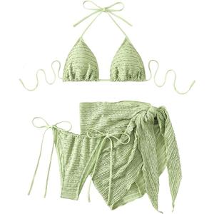 GORGLITTER Women's 3 Piece Swimsuits Halter Triangle String Bikini Set with Beach Skirt Swimwear Set XL