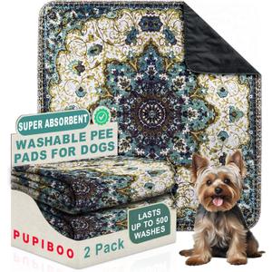 PUPIBOO Washable Pee Pads for Dogs and Cats - Super Absorbent Reusable Puppy Training Pads - 100% Waterproof, Leak-Proof & Non-Slip Whelping Pads for Pet Housebreaking (54 x 54 Inch (Pack of 2), Green Medallion)