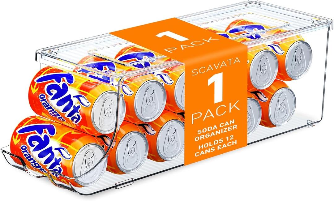 SCAVATA Soda Can Organizer for Refrigerator, Stackable Canned Food Pop Cans Container Can Holder Dispenser with Lid for Fridge Rack Freezer, Clear Storage Bins-Holds 12 Cans Each (One)