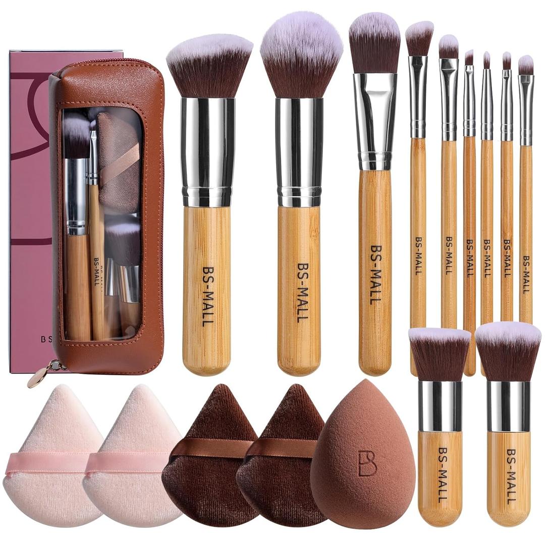 BS-MALL Makeup Brush Set 11Pcs Bamboo Synthetic Kabuki Brush Set Foundation Powder Blending Concealer Eye shadows Blush Cosmetics Brushes with Organizer Bag & Makeup Sponge (Bamboo 17)