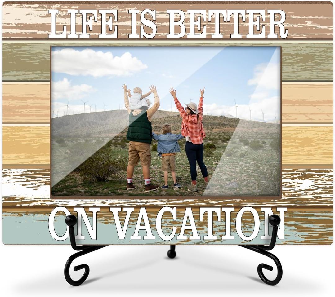 Vacation Picture Frame - Life is Better On Vacation 4x6 Wooden Frame with Stand, Gifts for Family Honeymoon Wedding, Home Office Desk Holiday Decorations