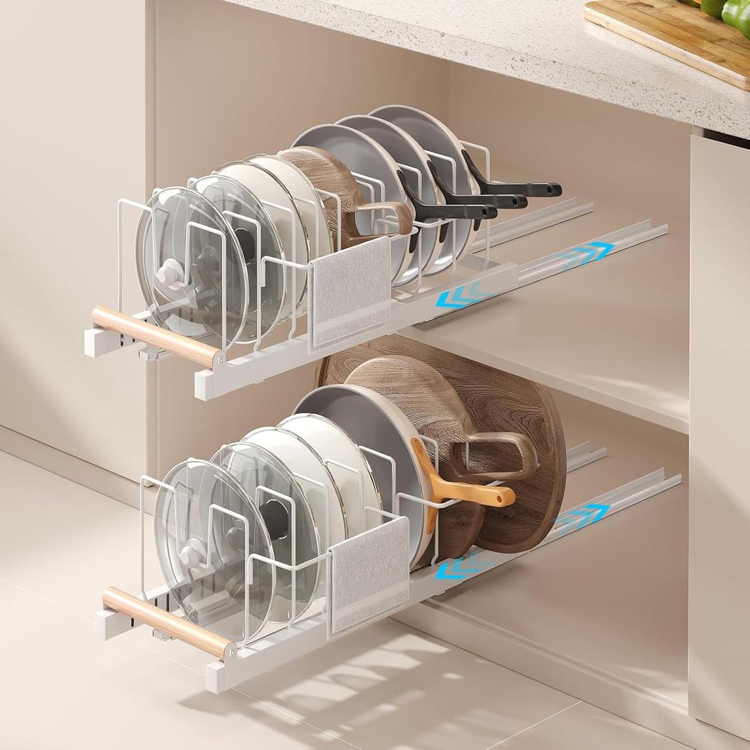 Magheo 2 Pack Pull Out Pots and Pans Organizer Under Cabinet, 22" Deep Expandable Pot Lid Organizer and Storage with 10 Adjustable Dividers Adhesive Pot and Pan Holder Rack with Handle Bracket(White)