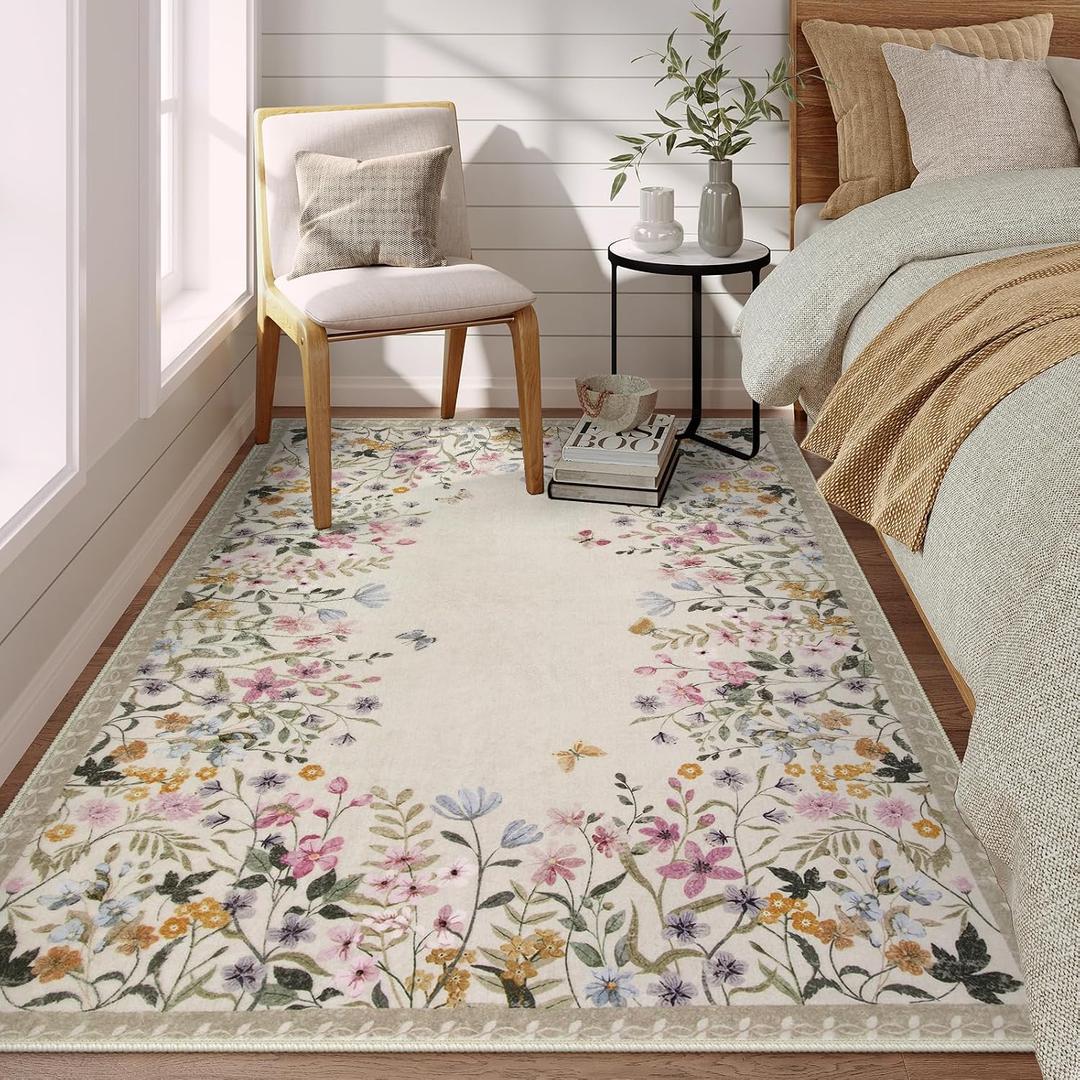 Wonnitar Washable 4x6 Rug for Bedroom, Floral Print Area Rug for Living Room, Non-Slip Entryway Throw Mat, Low Pile Botanical Area Rug Floor Carpet for Bedside (Beige,4'x6')