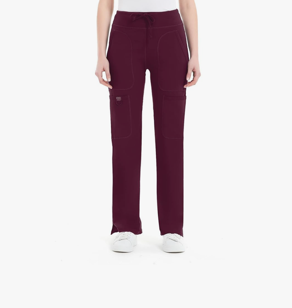 QBK Yoga Scrub Pants Women Mid Rise Yoga Work Pants- Five Pocket Cargo Scrub Pant, Size L