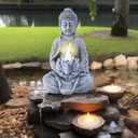 Goodeco Buddha Statue with Solar Lotus - Garden Yoga Statues with LED Solar Lotus Lights, Sitting Meditating Buddha Serene Resin Figurine for Patio Yard Lawn Ornaments,Home or Outside, LD602320