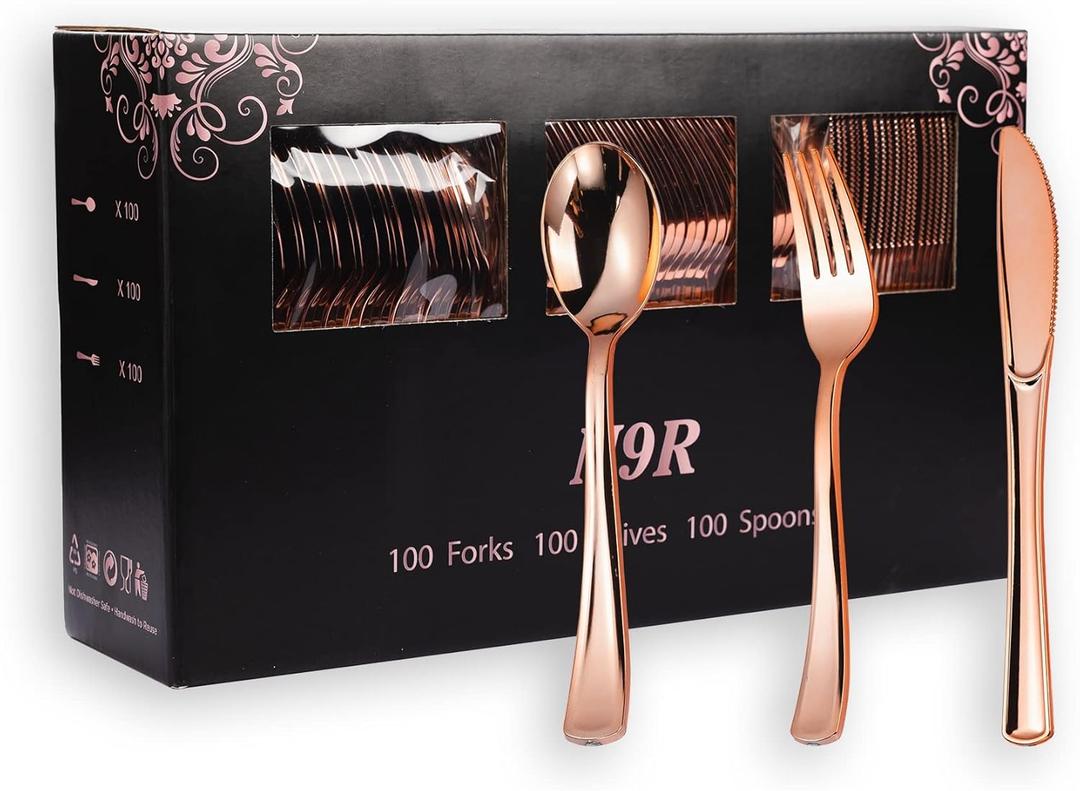 N9R 300PCS Rose Gold Plastic Silverware, Heavy Duty Plastic Cutlery Set, Disposable Rose Gold Utensils Include 100 Forks, 100 Spoons, 100 Knives, Perfect for Party Decorations