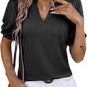Dokotoo Womens Summer Short Puff Sleeves Blouses Shirts V Neck Cute Solid Knit Textured Casual Regular Fit Tops (Black, XXL)