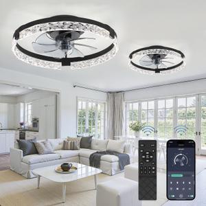 LEDIARY 2 Pack 20 Inch Low Profile Ceiling Fan with Lights and Remote, Dimmable Fandelier Ceiling Fans, Black Modern Flush Mount Ceiling Fan with 3 Color Temperature Change and 6 Speeds